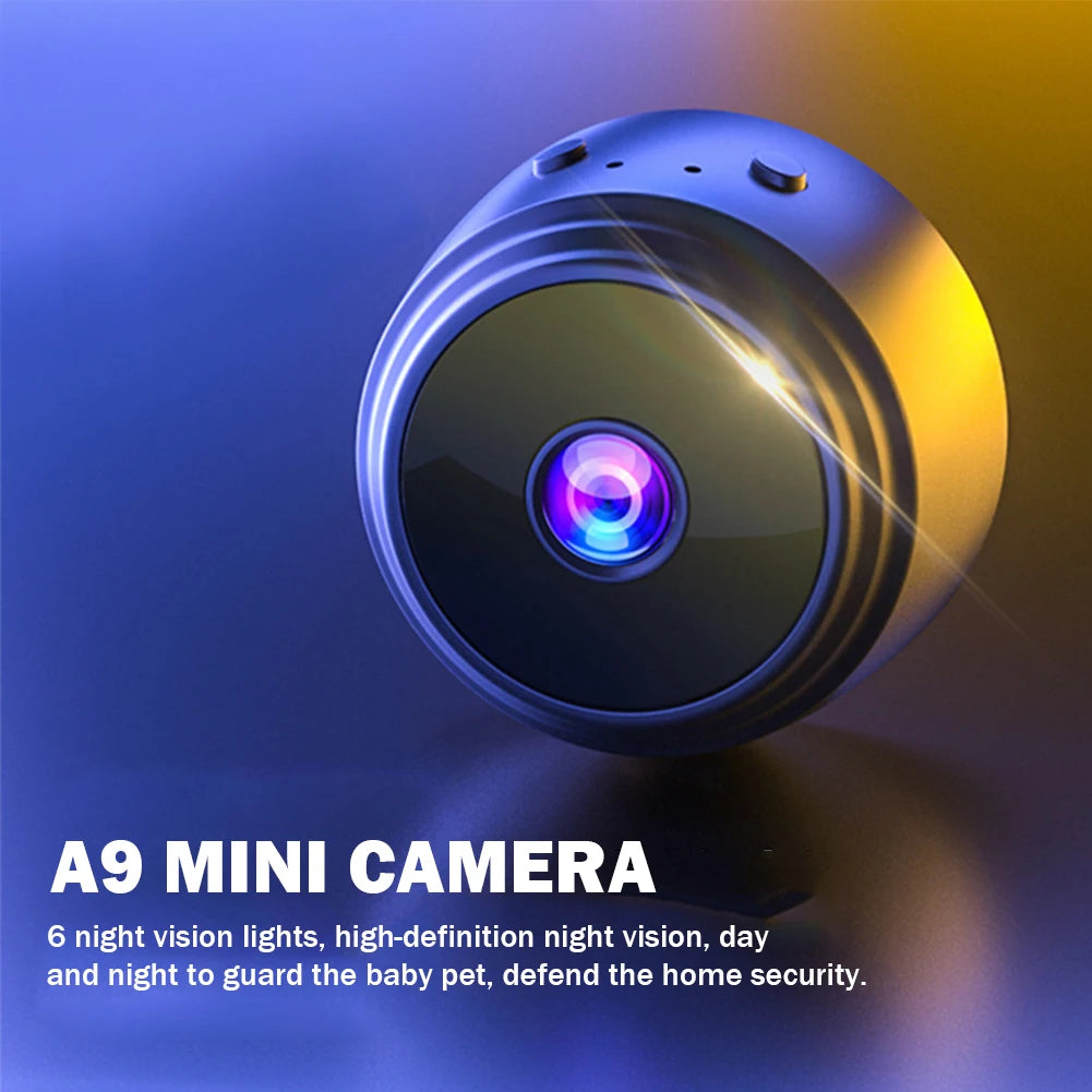 A9 mini camera with blue and yellow gradient background