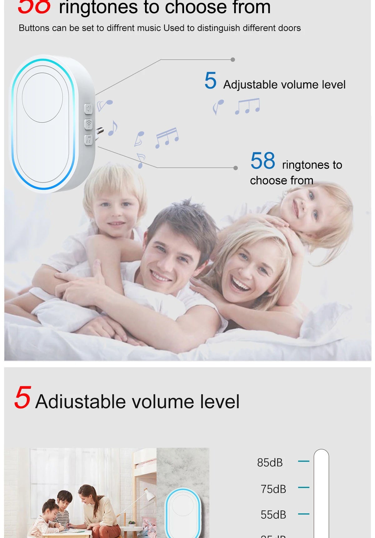 Advertisement for a doorbell system with family in bed and children at desk, highlighting adjustable volume and ringtone features.