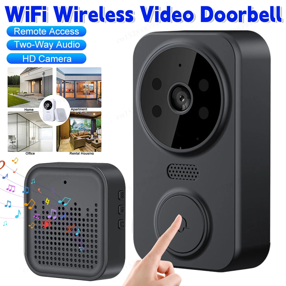 Black WiFi wireless video doorbell with remote access, two-way audio, and HD camera features.