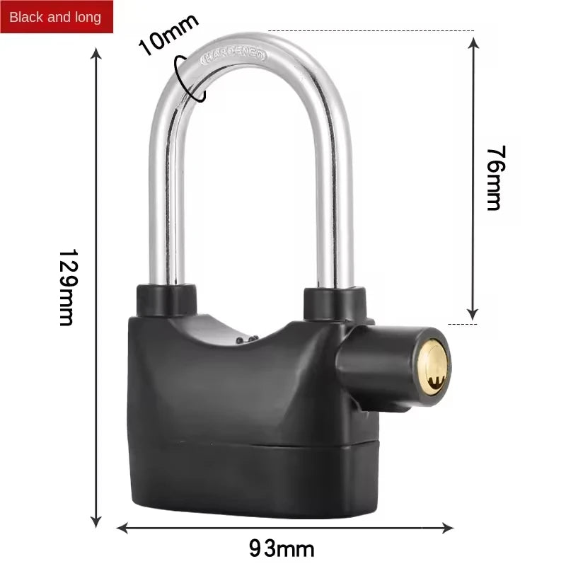 Black and long padlock with measurements on a white background