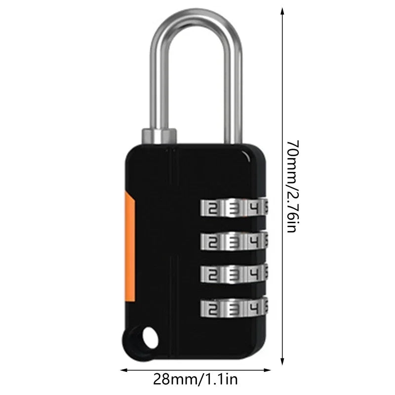 Black and orange combination lock with measurement details on a white background