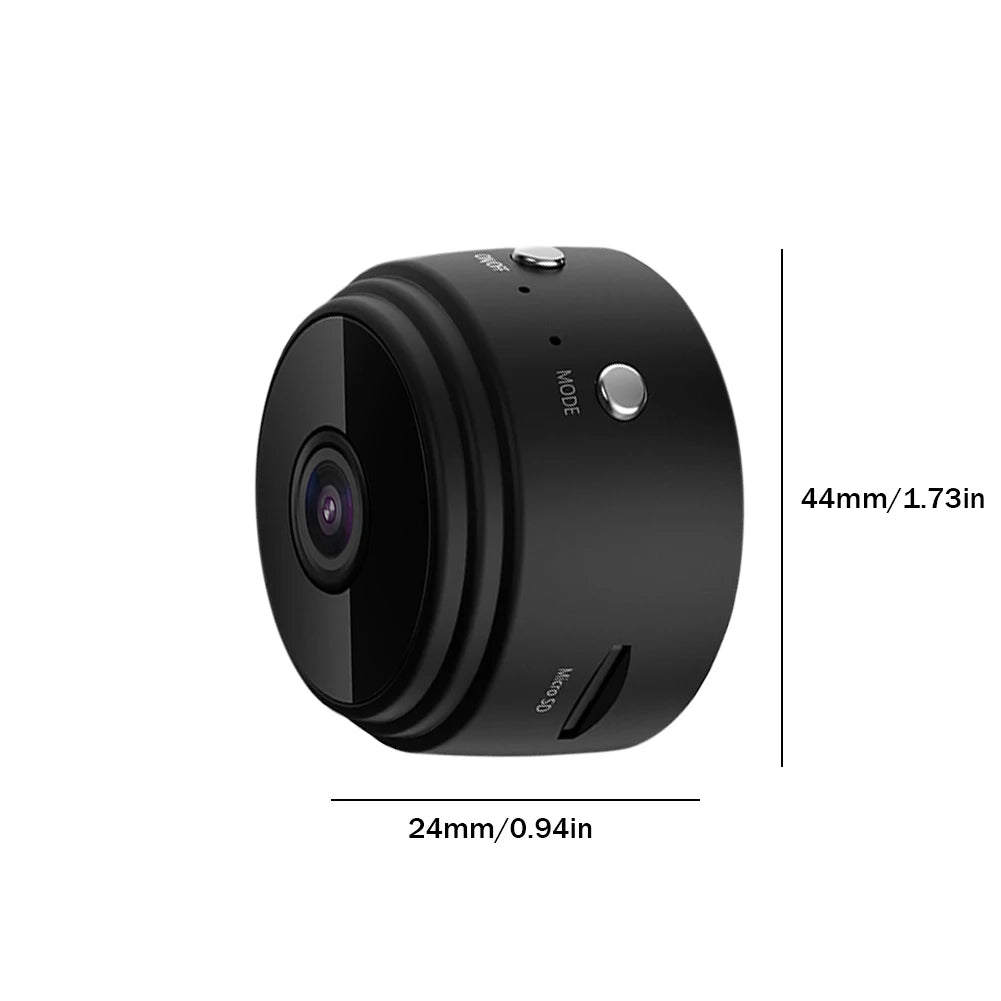 Black camera lens with dimensions indicated on a white background