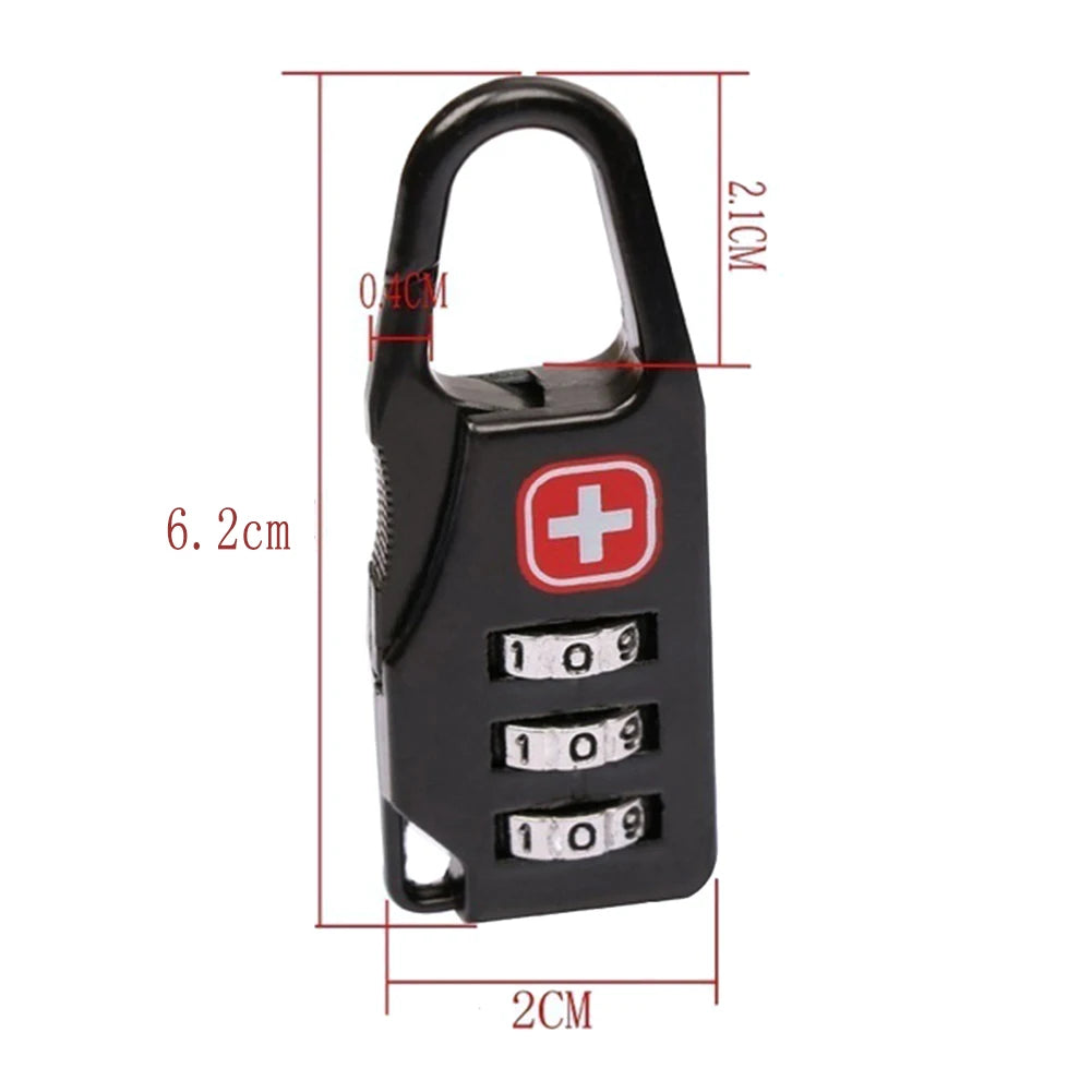 Black combination lock with Swiss cross design and measurements on a white background