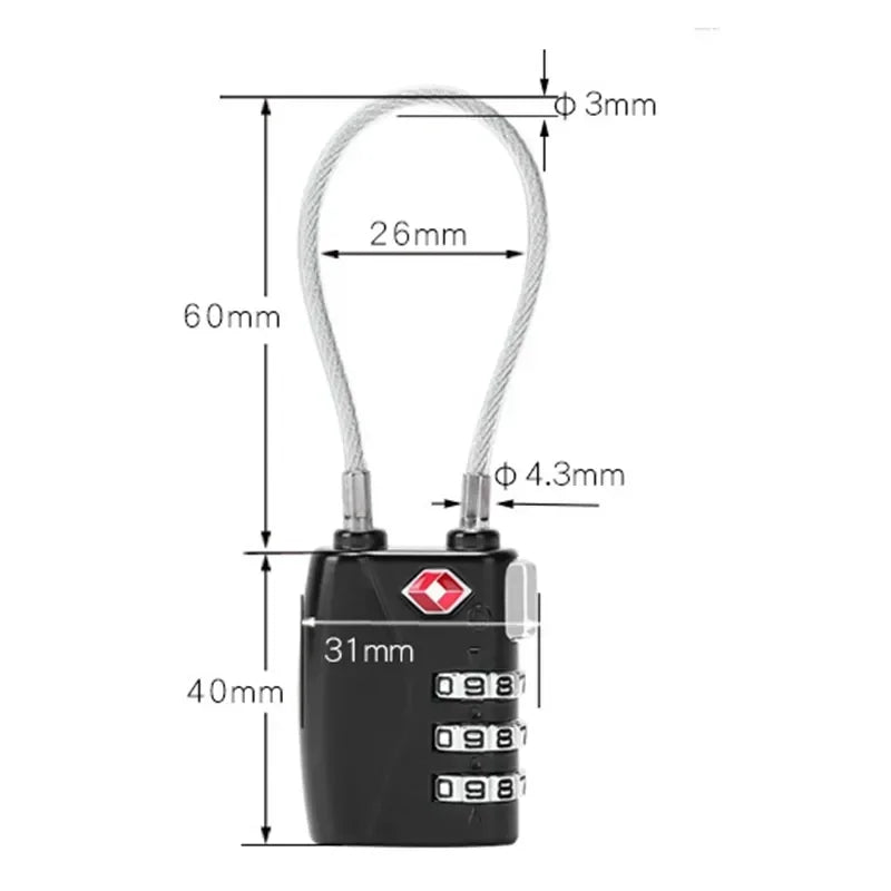 Black combination lock with measurement details on a white background