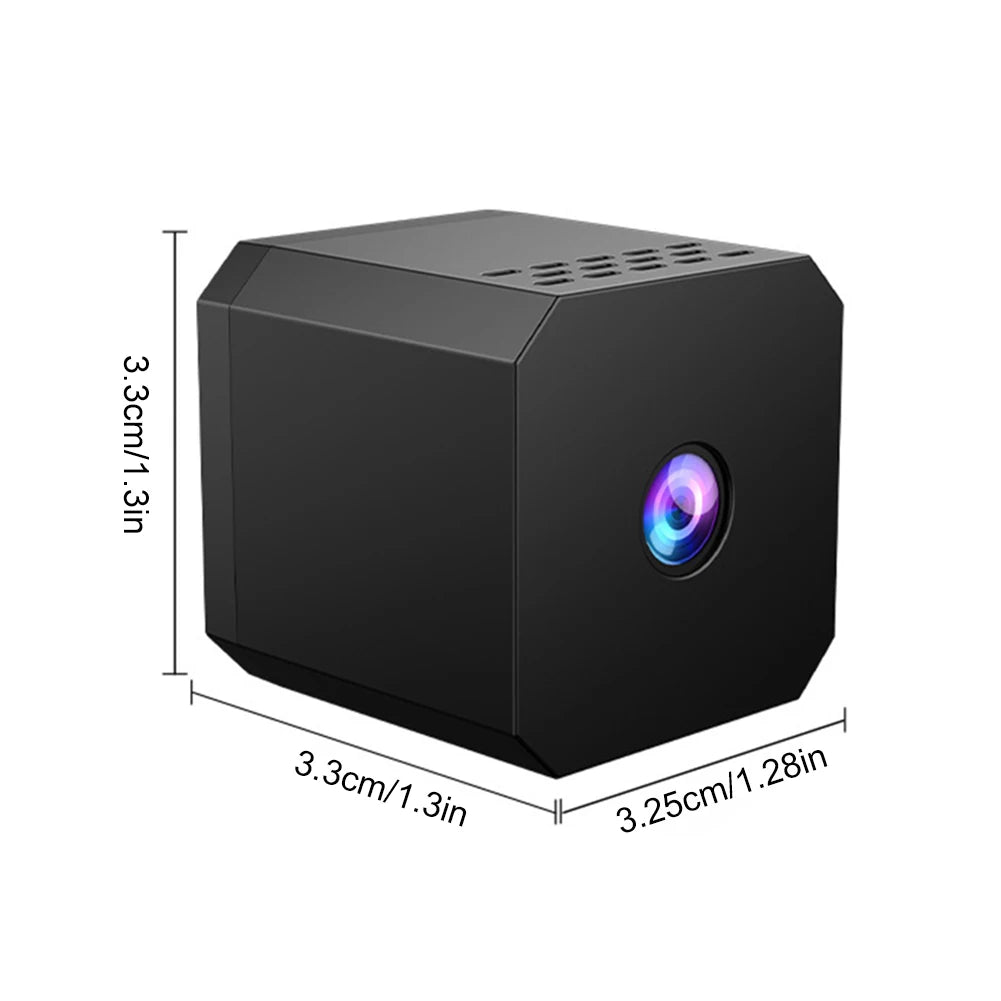 Black cube-shaped device with dimensions indicated on a white background