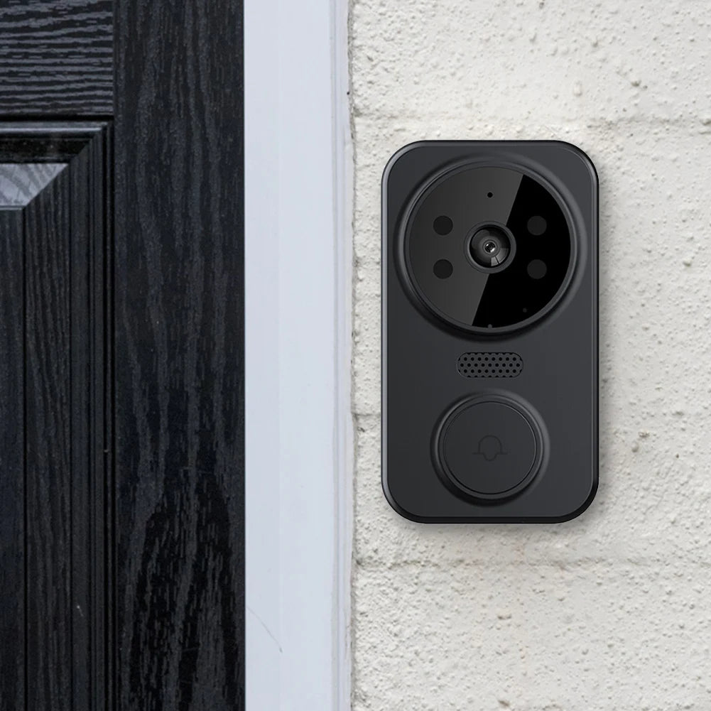 Black doorbell camera mounted on a white wall next to a door