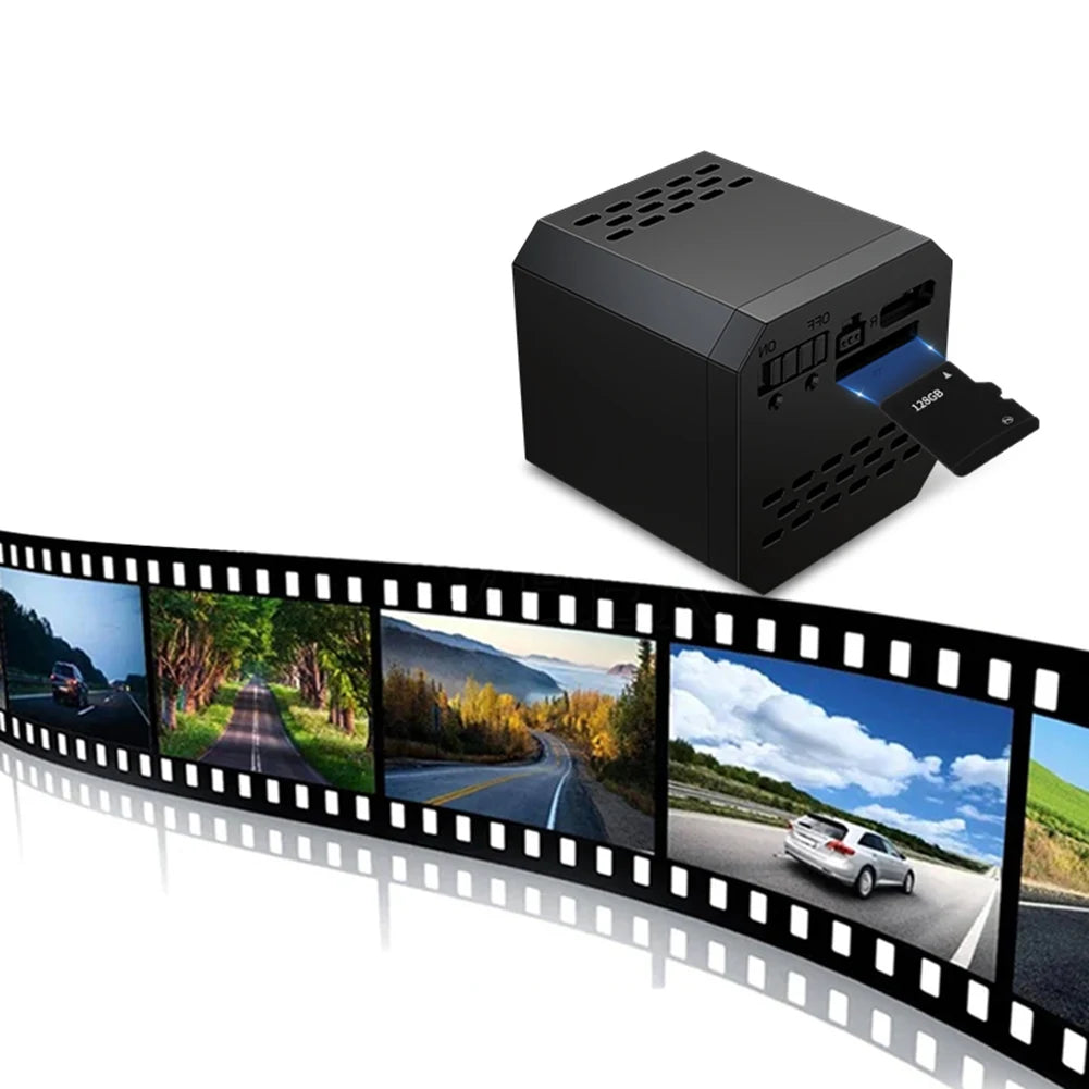 Black electronic device with a film strip showing scenic images of roads and landscapes.