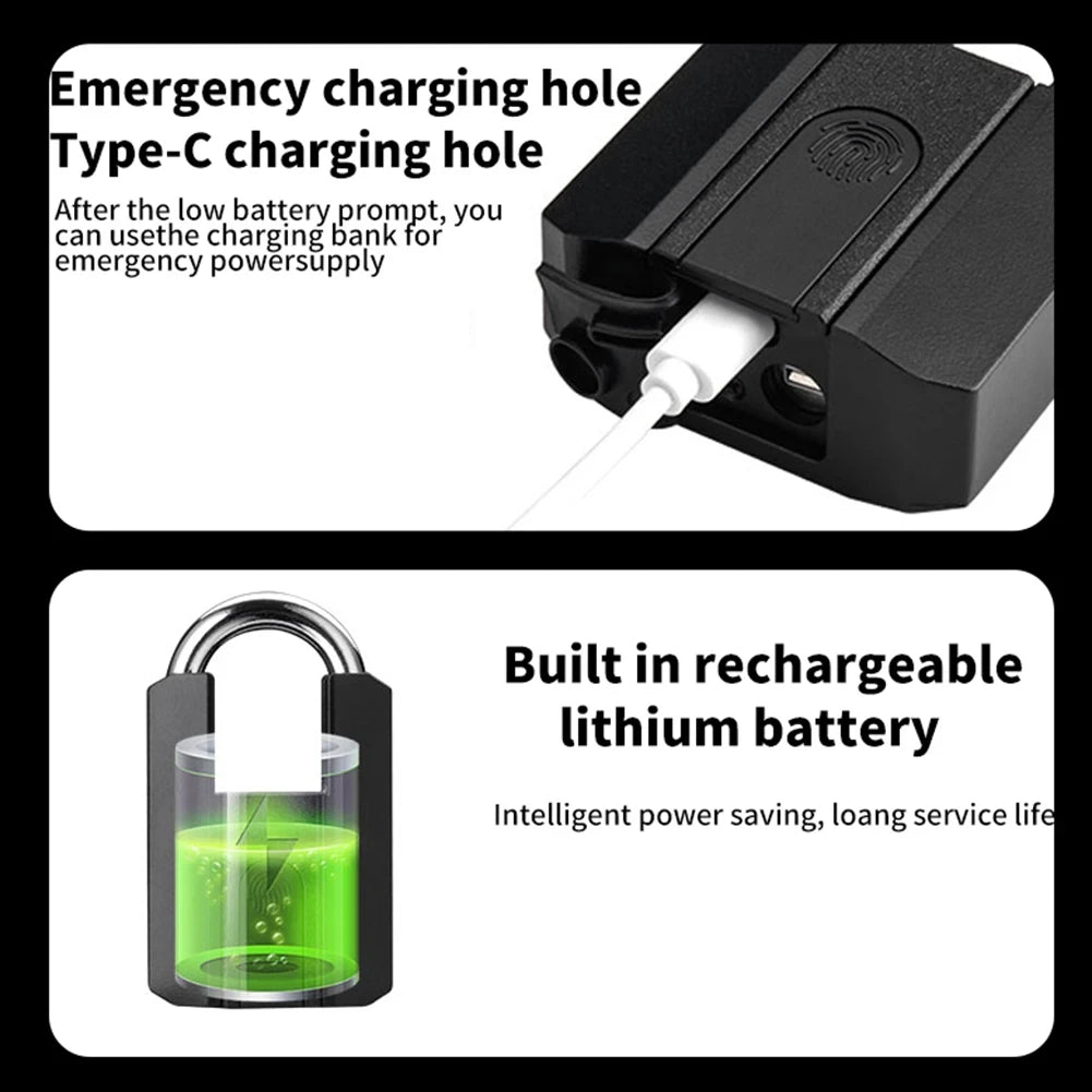Black electronic device with emergency charging and rechargeable lithium battery features.