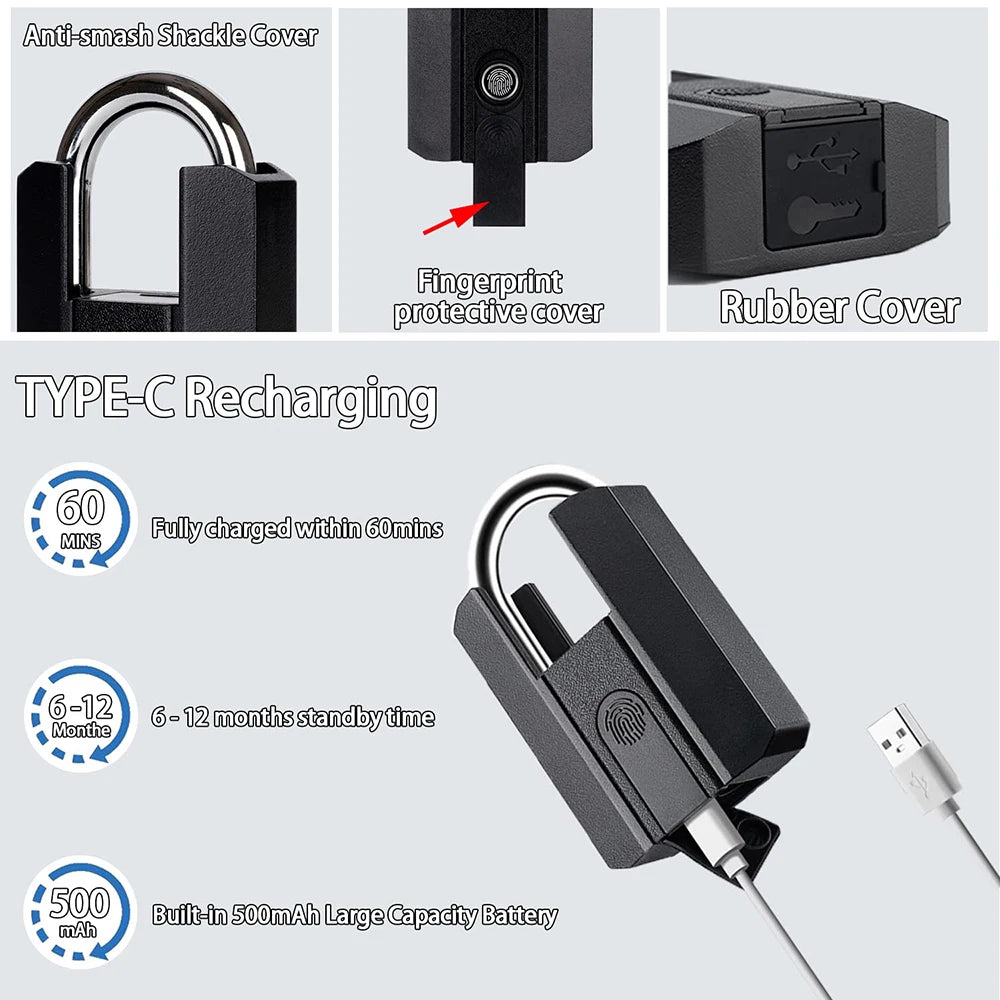 Black electronic lock with USB charging cable, featuring anti-smash shackle cover, fingerprint protective cover, and rubber cover. Charging time and battery capacity details are also provided.