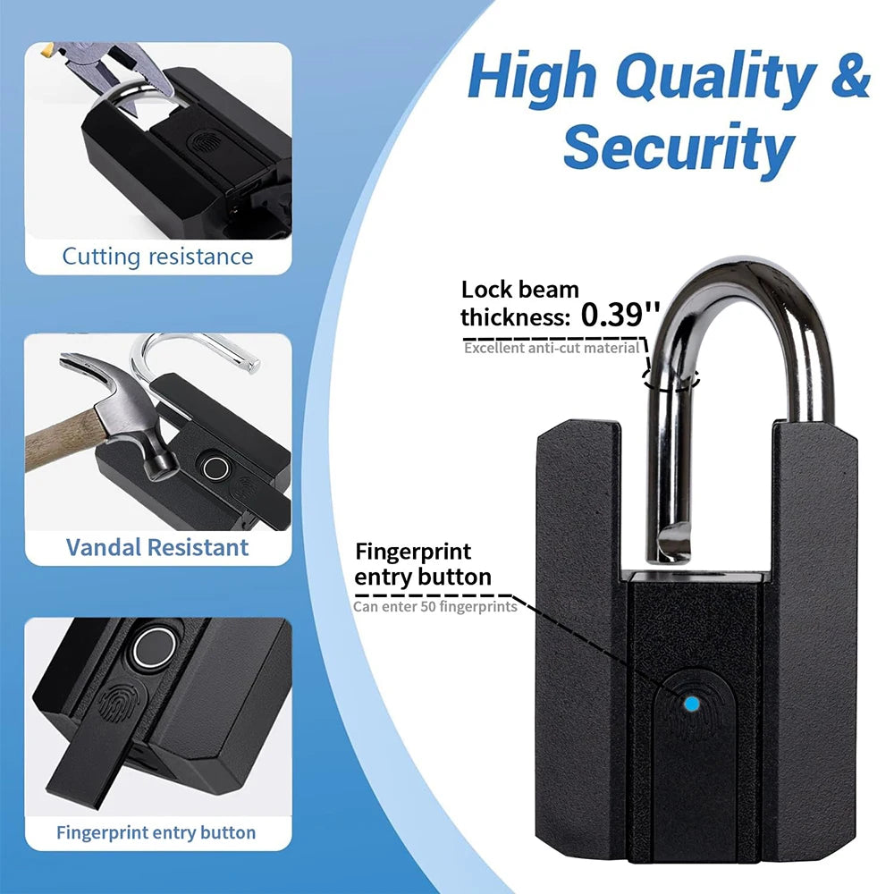 Black electronic lock with fingerprint entry button on a blue and white background, highlighting features like cutting resistance and vandal resistance.