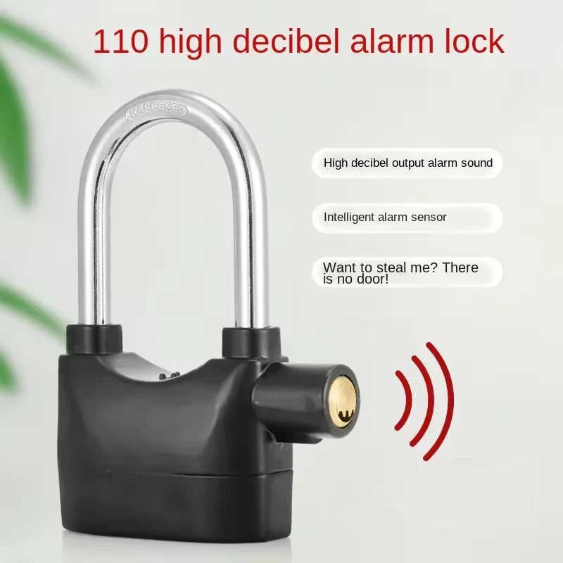 Black lock with high decibel alarm feature on a white background