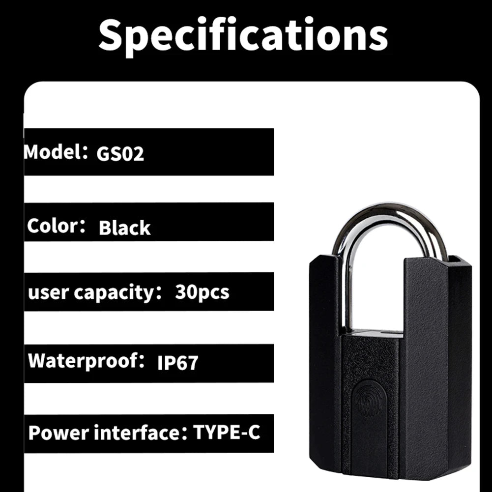 Black lock with specifications listed on a white background