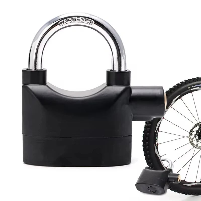 Black padlock with a bicycle wheel on a white background