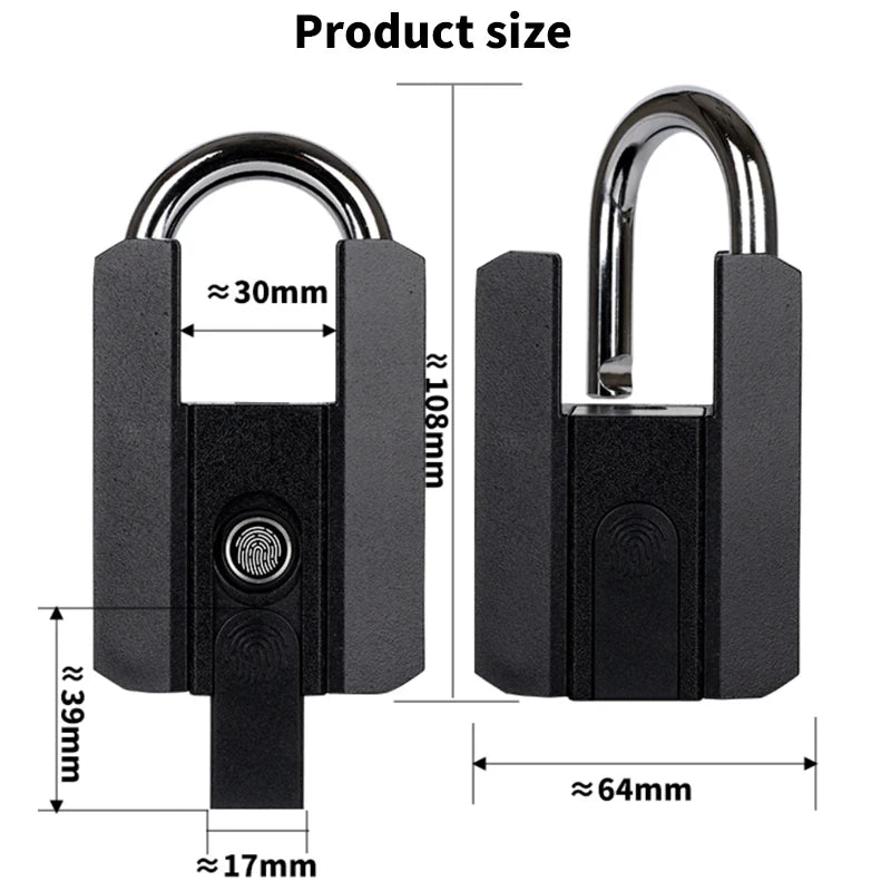 Black padlock with dimensions indicated on a white background