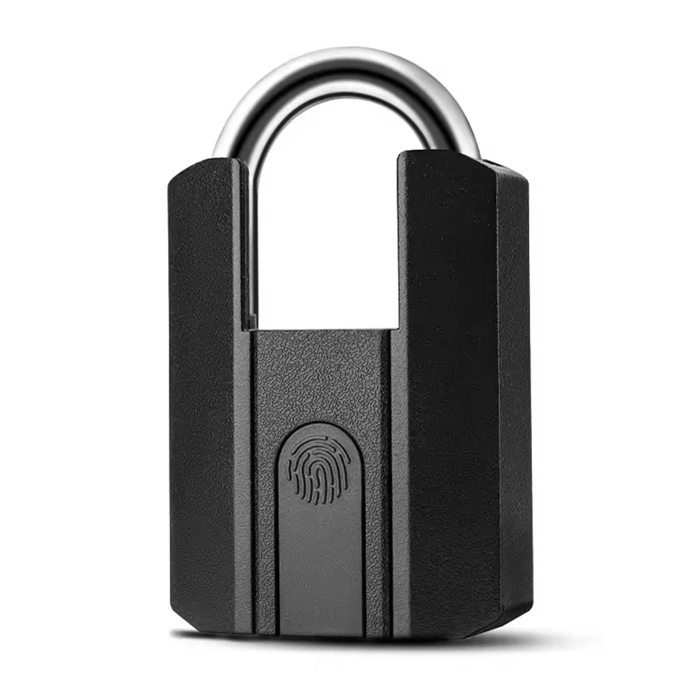 Black padlock with fingerprint sensor on a white background