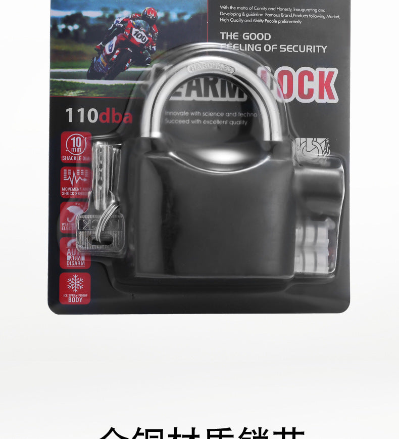 Black padlock with packaging featuring text and a motorcycle image on a white background