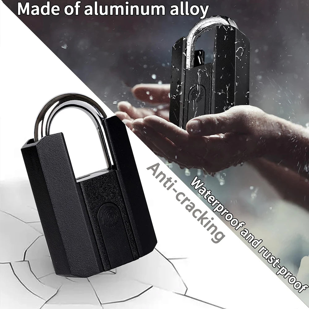 Black padlock with text highlighting features like 'Made of aluminum alloy', 'Anti-cracking', and 'Waterproof and rust proof'.