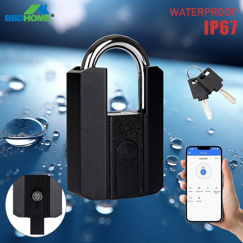 Black padlock with waterproof feature, keys, and smartphone app on a blue water droplet background.