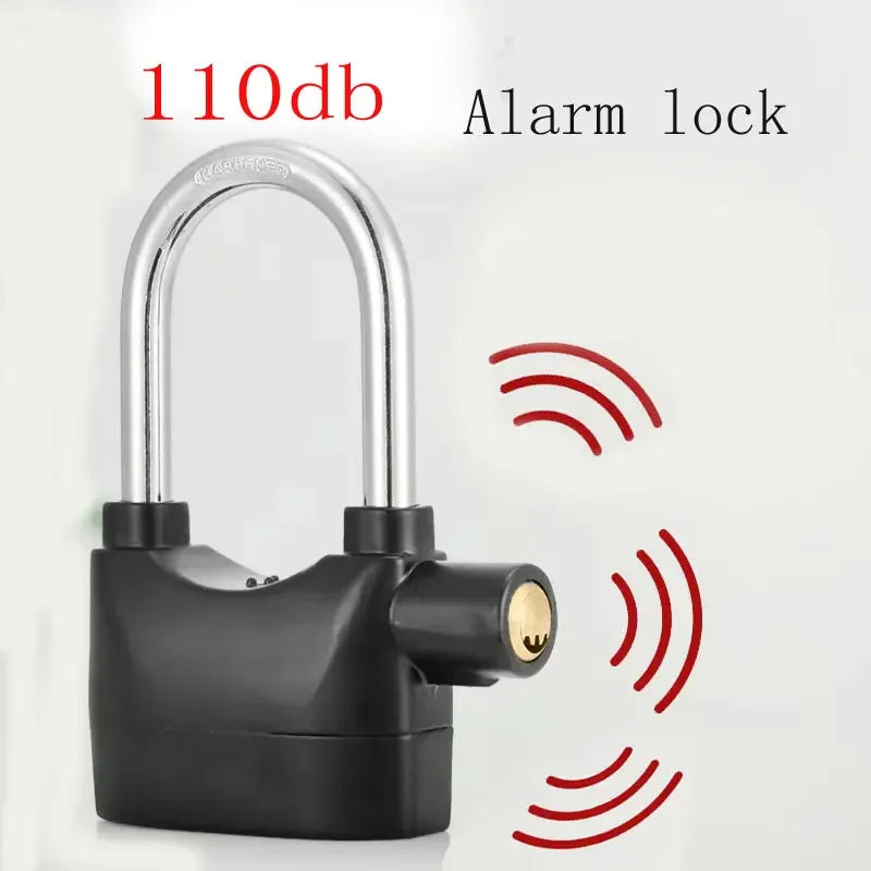 Black alarm lock with 110dB sound level on a white background
