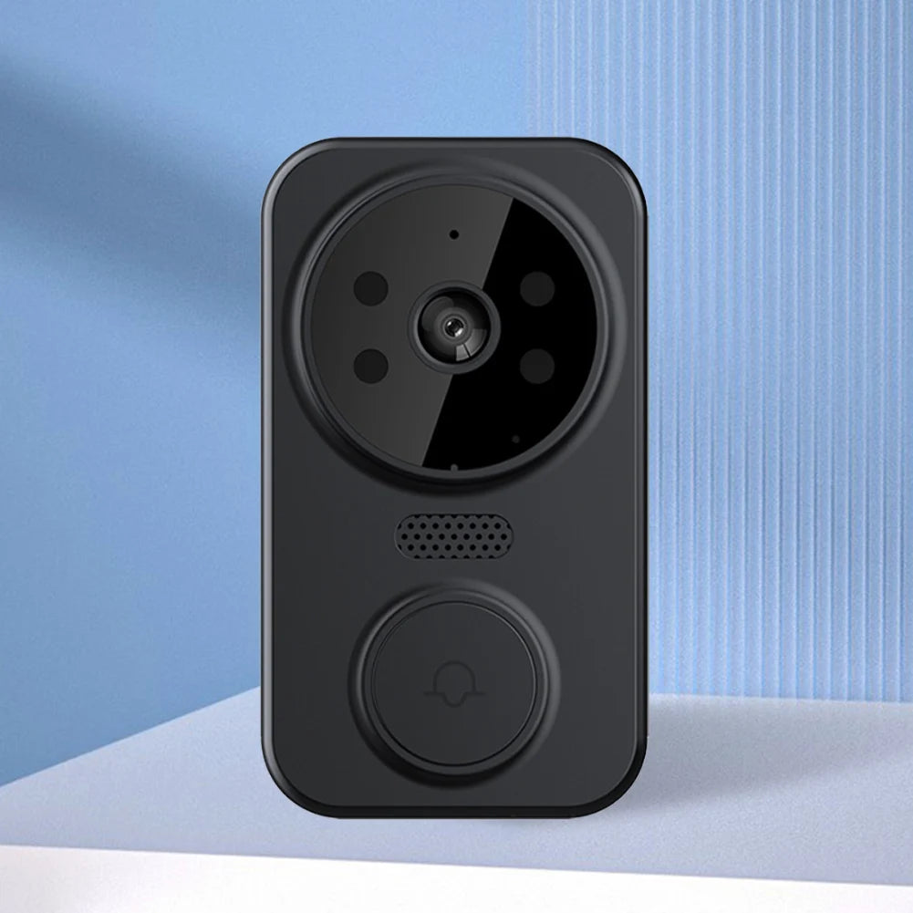 Black security camera on a light blue background
