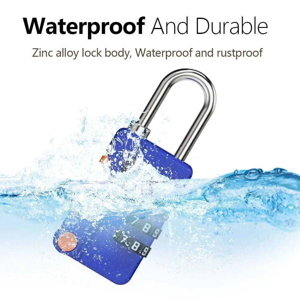 Blue digital lock with water splashes and text highlighting waterproof and durable features.