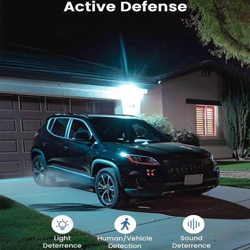Car in a driveway with 'Active Defense' features highlighted