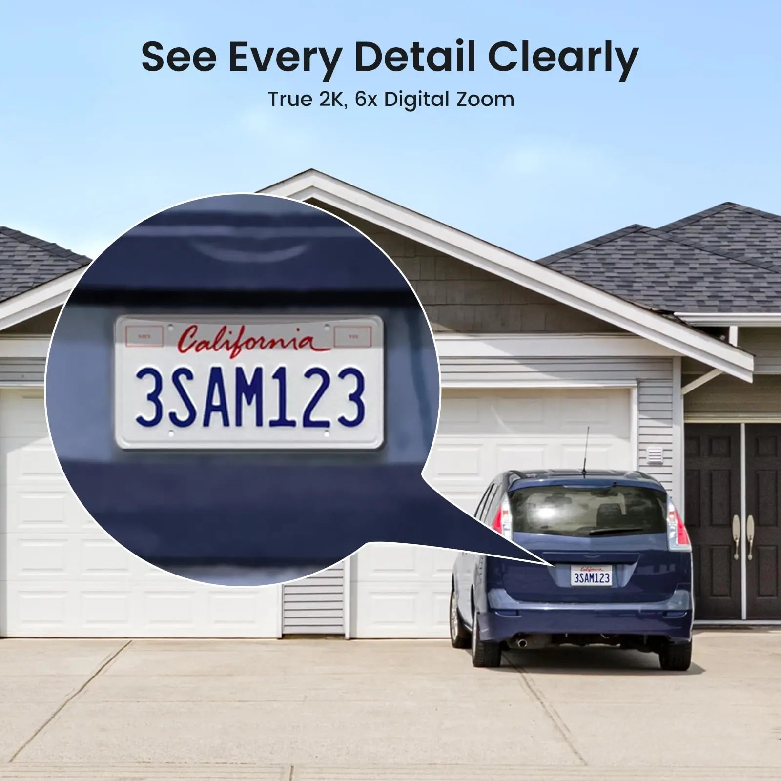 Car with a license plate in front of a house, with a magnifying glass highlighting the license plate text.