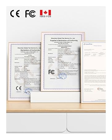 Certification documents on a white background with CE, FC, and ISDE logos.
