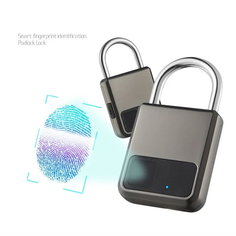 Close-up of black fingerprint padlock with stainless steel shackle