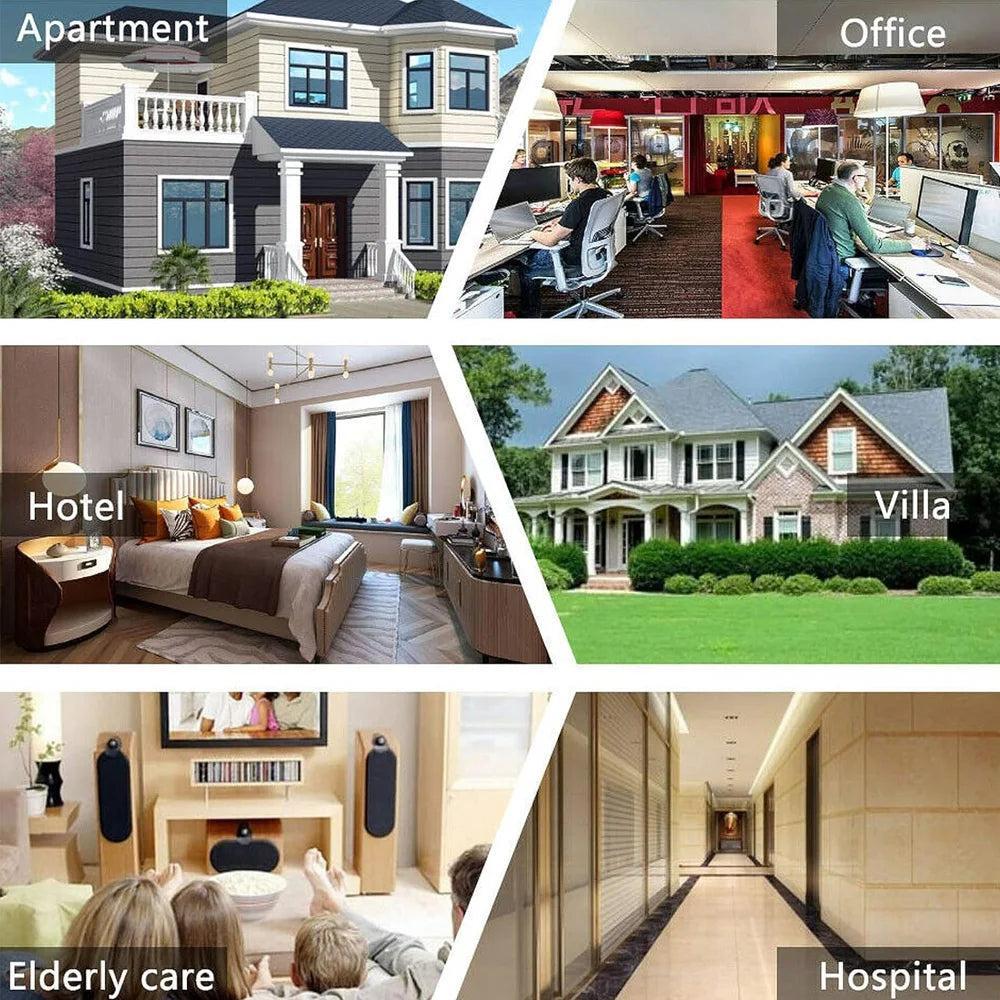 Collage of different types of buildings including an apartment, office, hotel, villa, elderly care facility, and hospital.