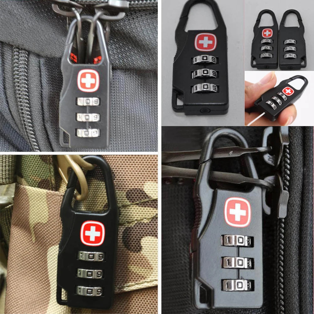 Collage of multiple views of a black and gray combination lock with Swiss cross symbol on a bag.