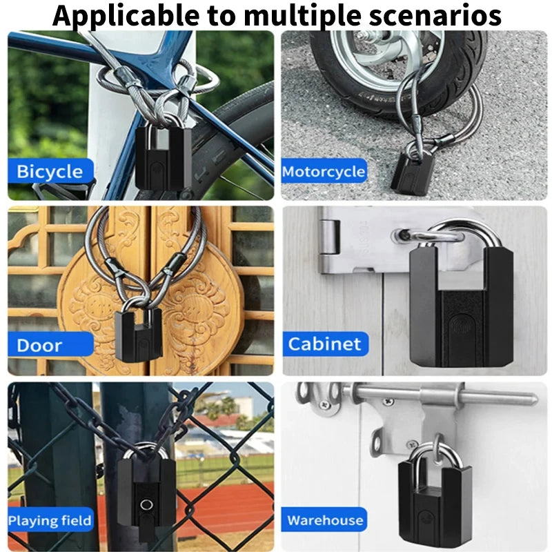 Collage of padlocks used on various objects including a bicycle, motorcycle, door, cabinet, playing field, and warehouse.