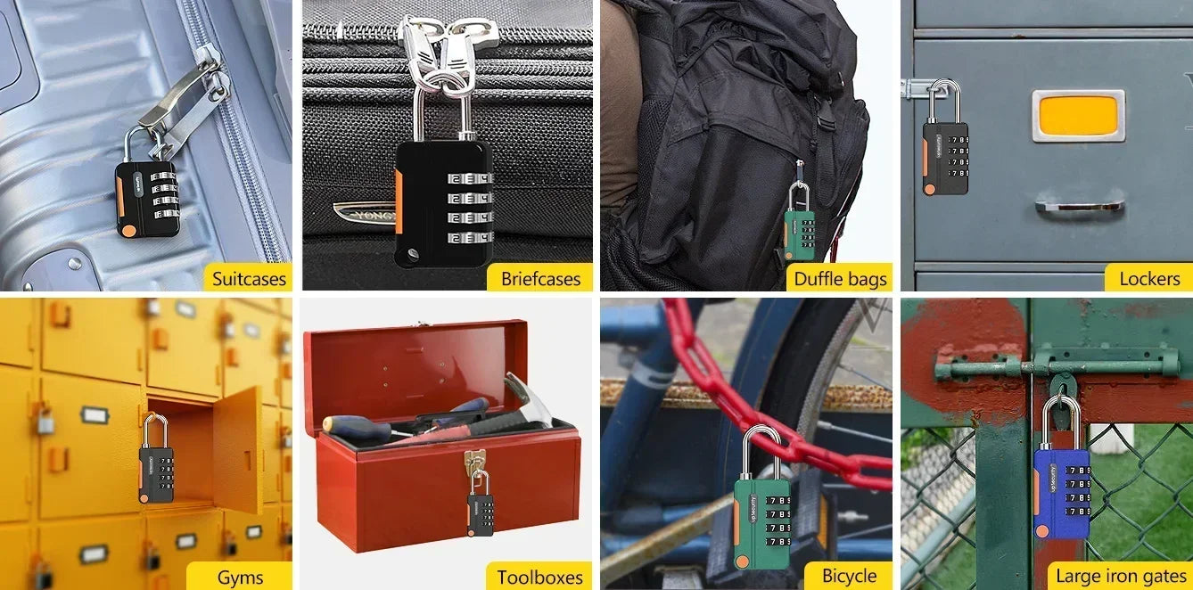 Collage of various locks on different types of items including suitcases, briefcases, backpacks, lockers, toolboxes, bicycles, and gates.
