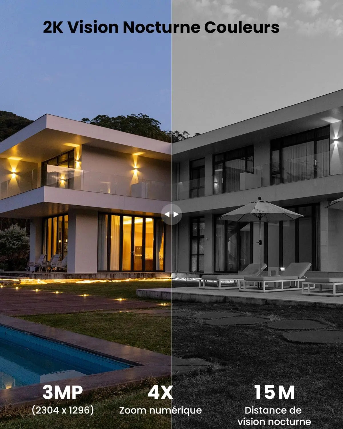 Comparison of a modern house at night with different camera settings showing resolution, zoom, and night vision distance.
