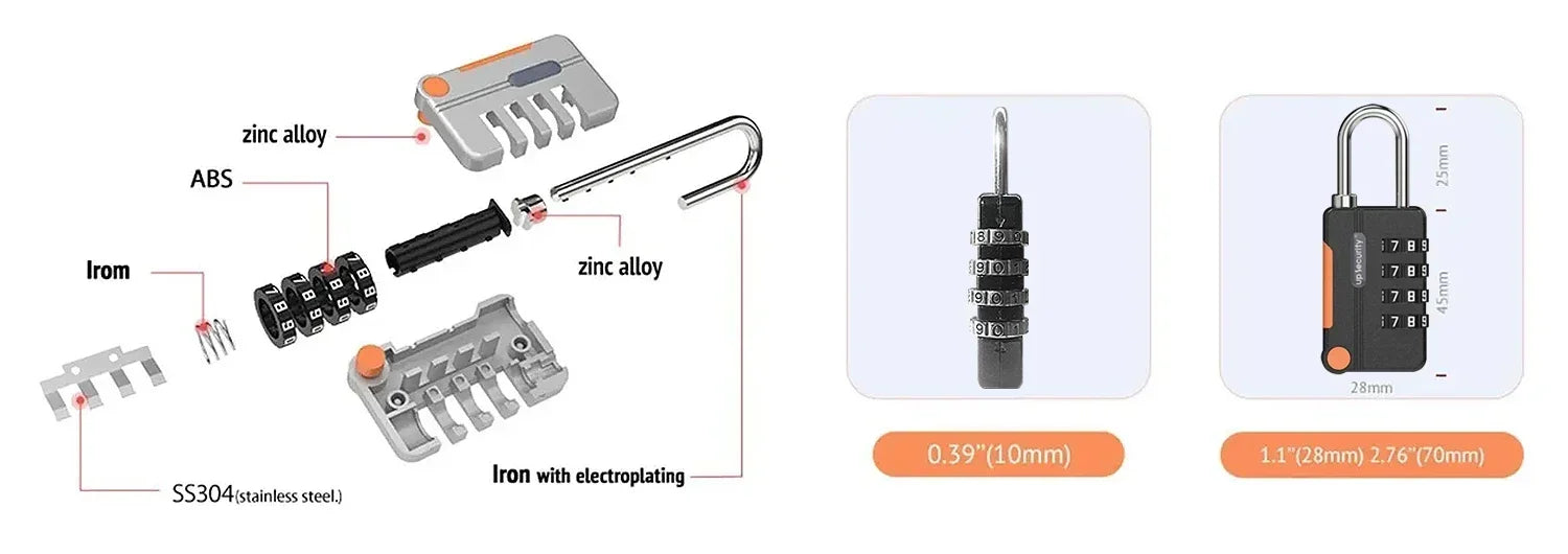 Detailed diagram and close-up images of a combination lock with labeled components.