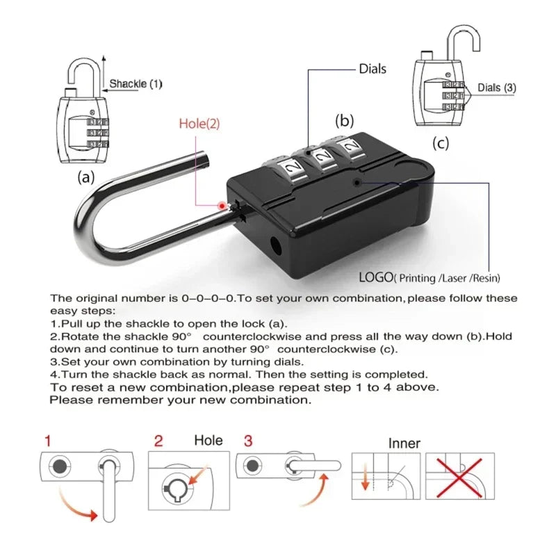 Diagram of a combination lock with labeled parts and instructions on how to set a combination.