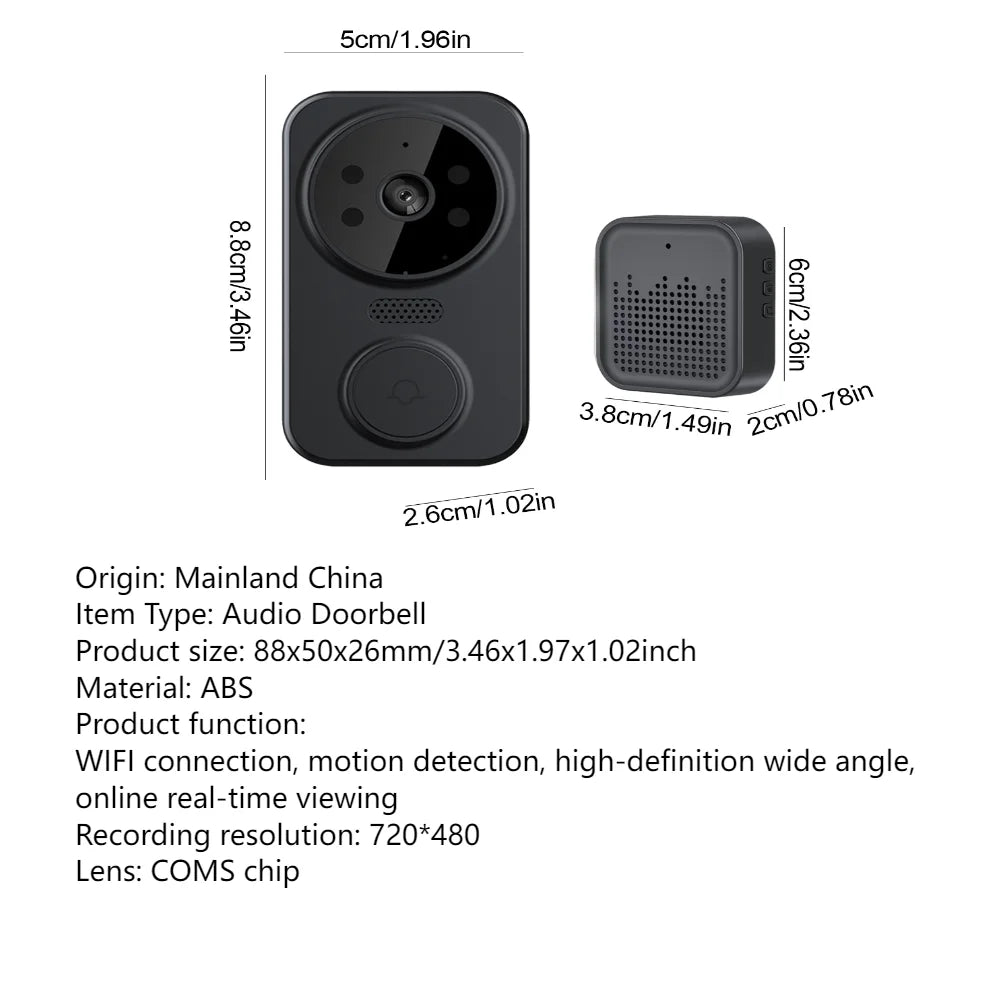Dimensions and specifications of an audio doorbell on a white background
