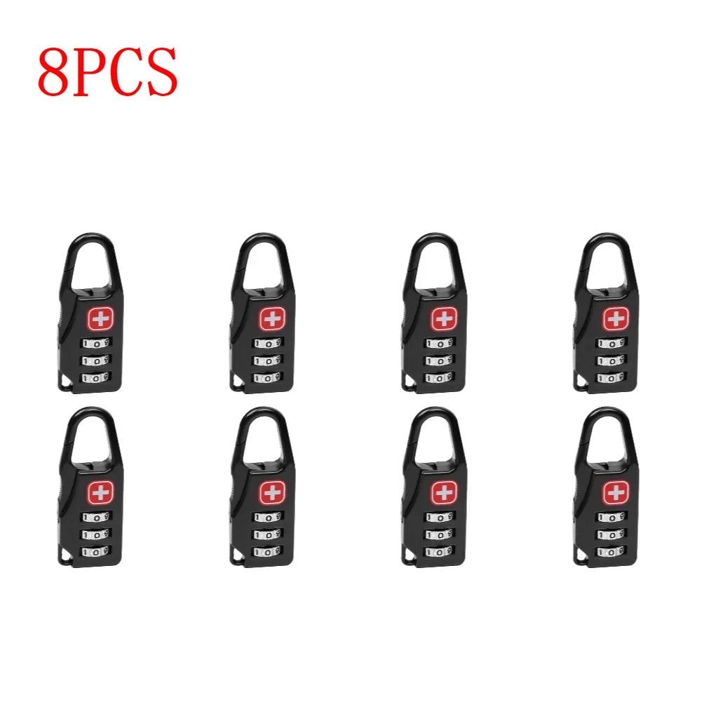 Eight black combination locks with red plus signs on a white background