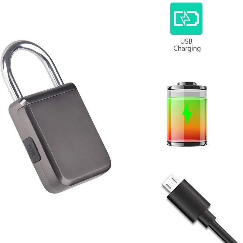 Electronic lock with USB charging cable and battery icon on a white background