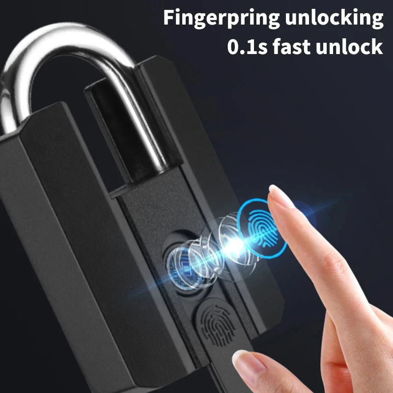 Fingerprint lock with a hand attempting to unlock it, featuring text about fast unlocking speed.