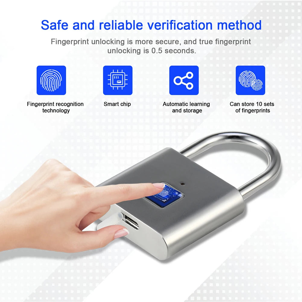 Fingerprint lock with a hand demonstrating the unlocking process on a white background