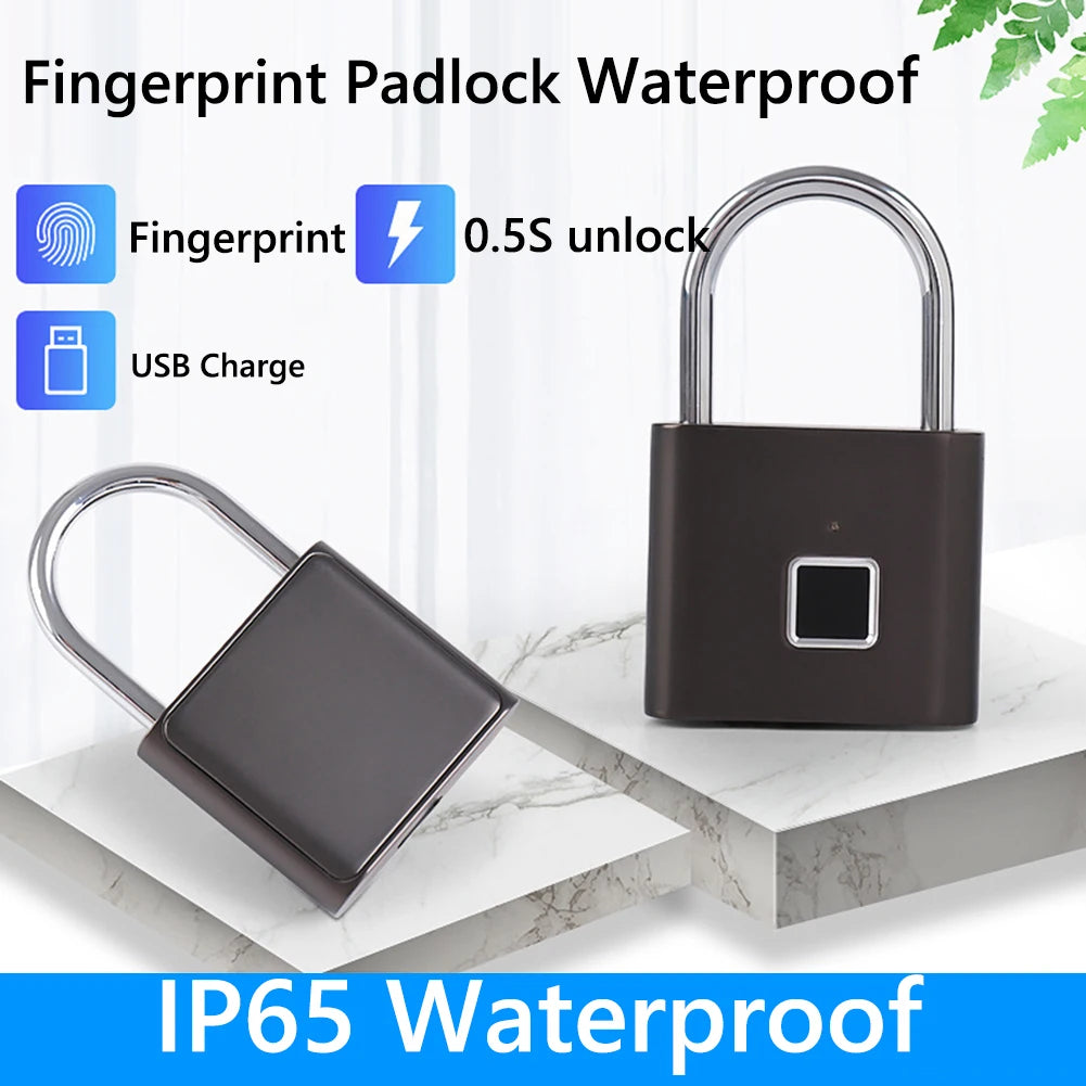 Fingerprint padlock with USB charging feature on a marble surface