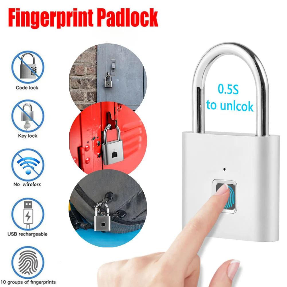 Fingerprint padlock with features highlighted on a white background
