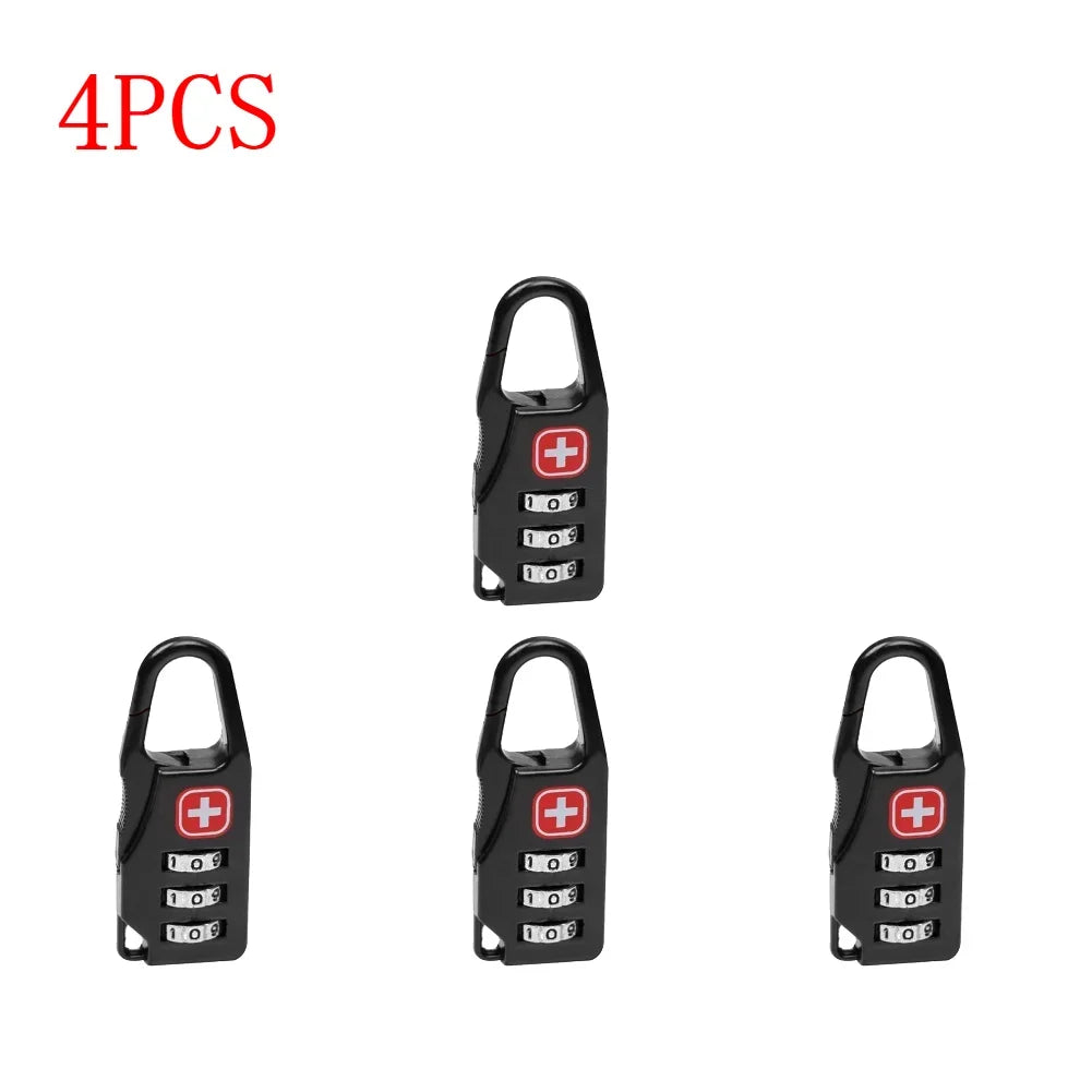 Four black combination locks with red plus signs on a white background