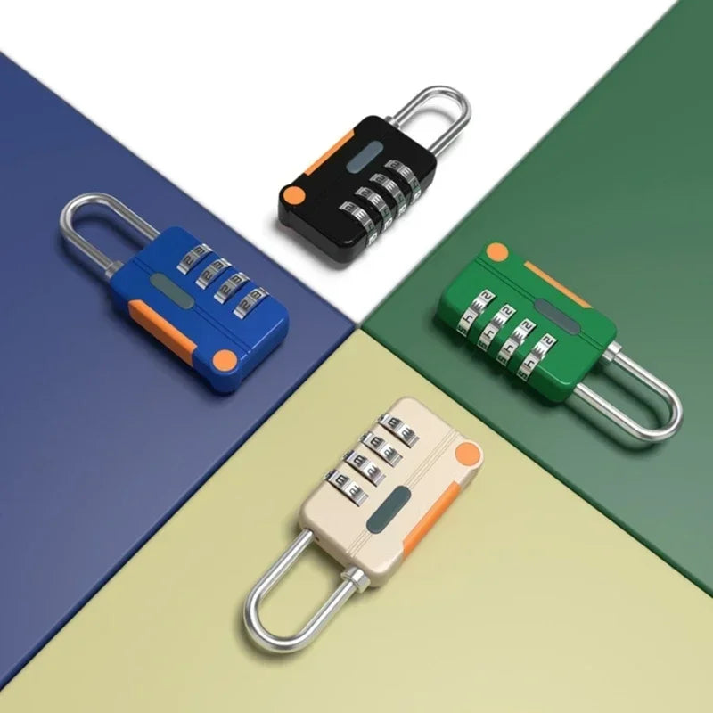 Four colorful combination locks on a multicolored background