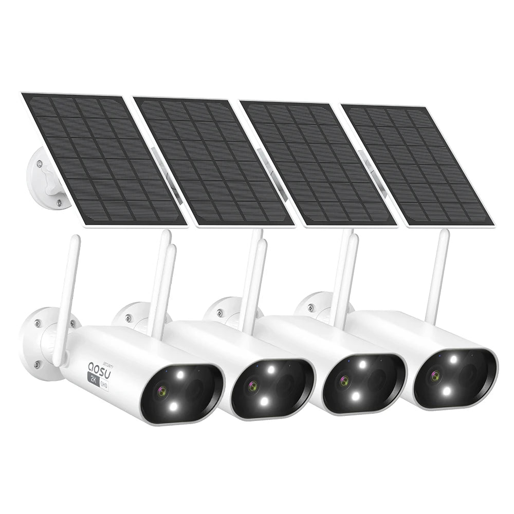 Four solar-powered security cameras with solar panels on a white background