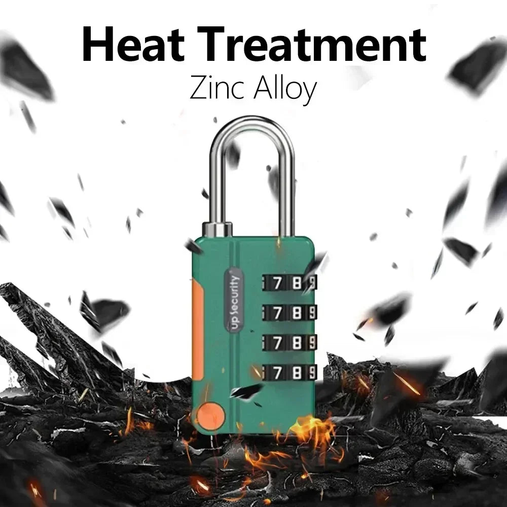 Green combination lock with heat treatment and zinc alloy text on a fiery background