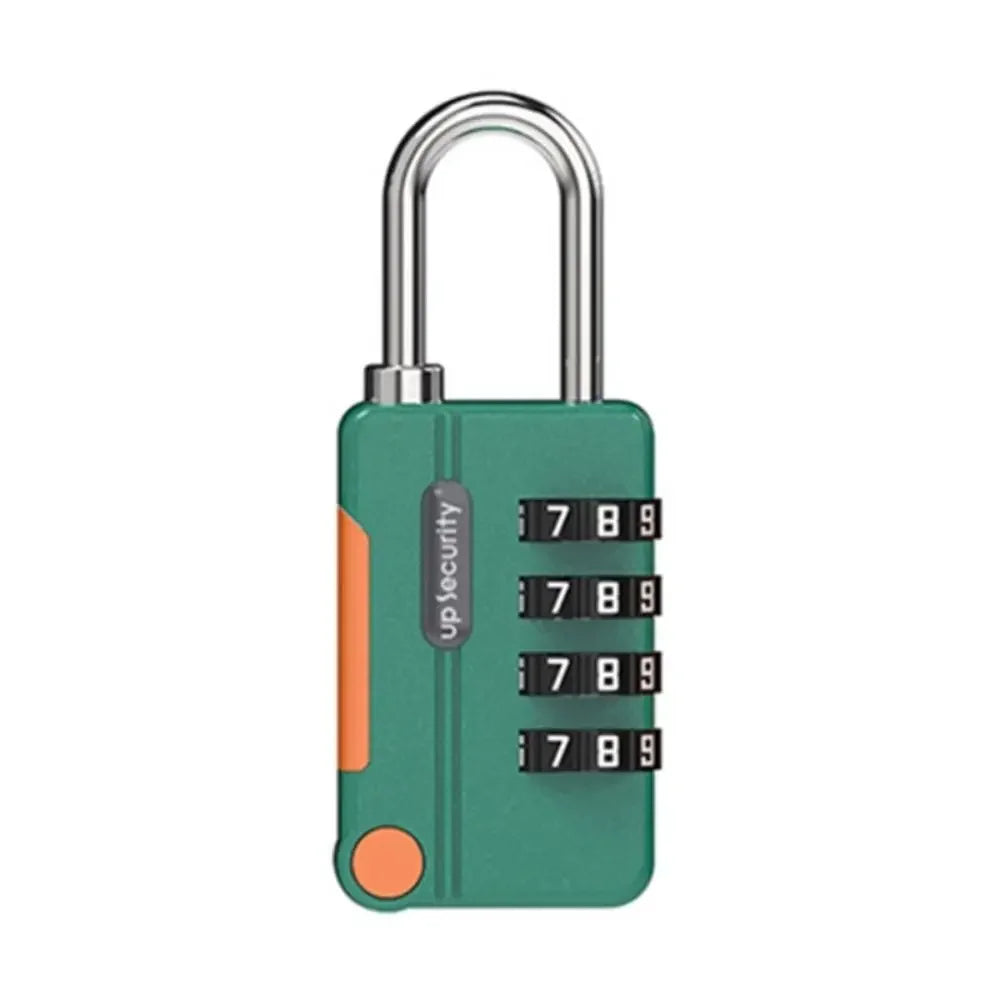 Green combination lock with orange accents on a white background