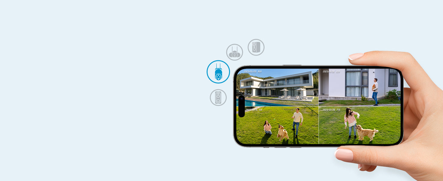 Hand holding a smartphone displaying a video call with two people and a dog in a garden.