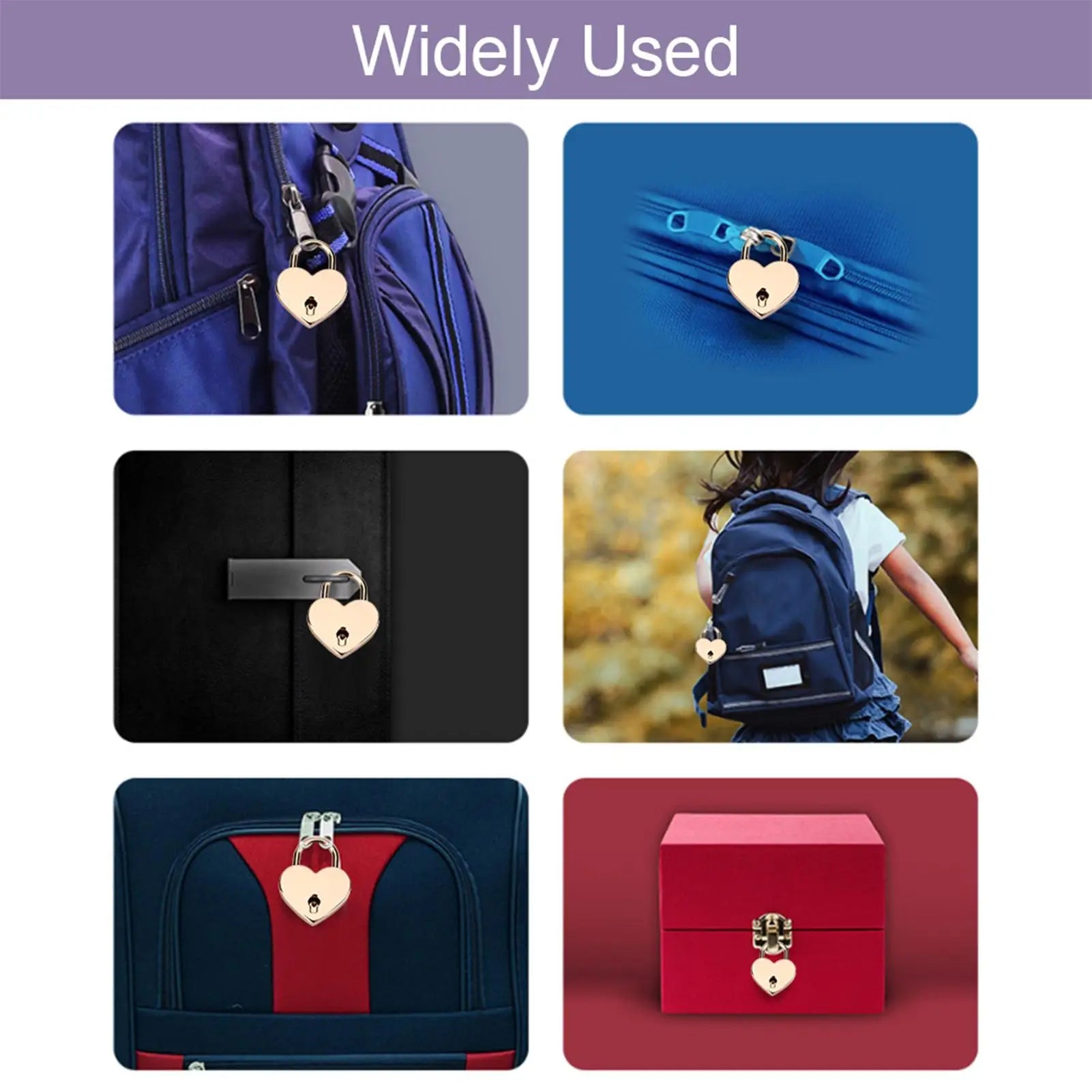 Heart-shaped lock attached to various bags and a box with a purple banner above.